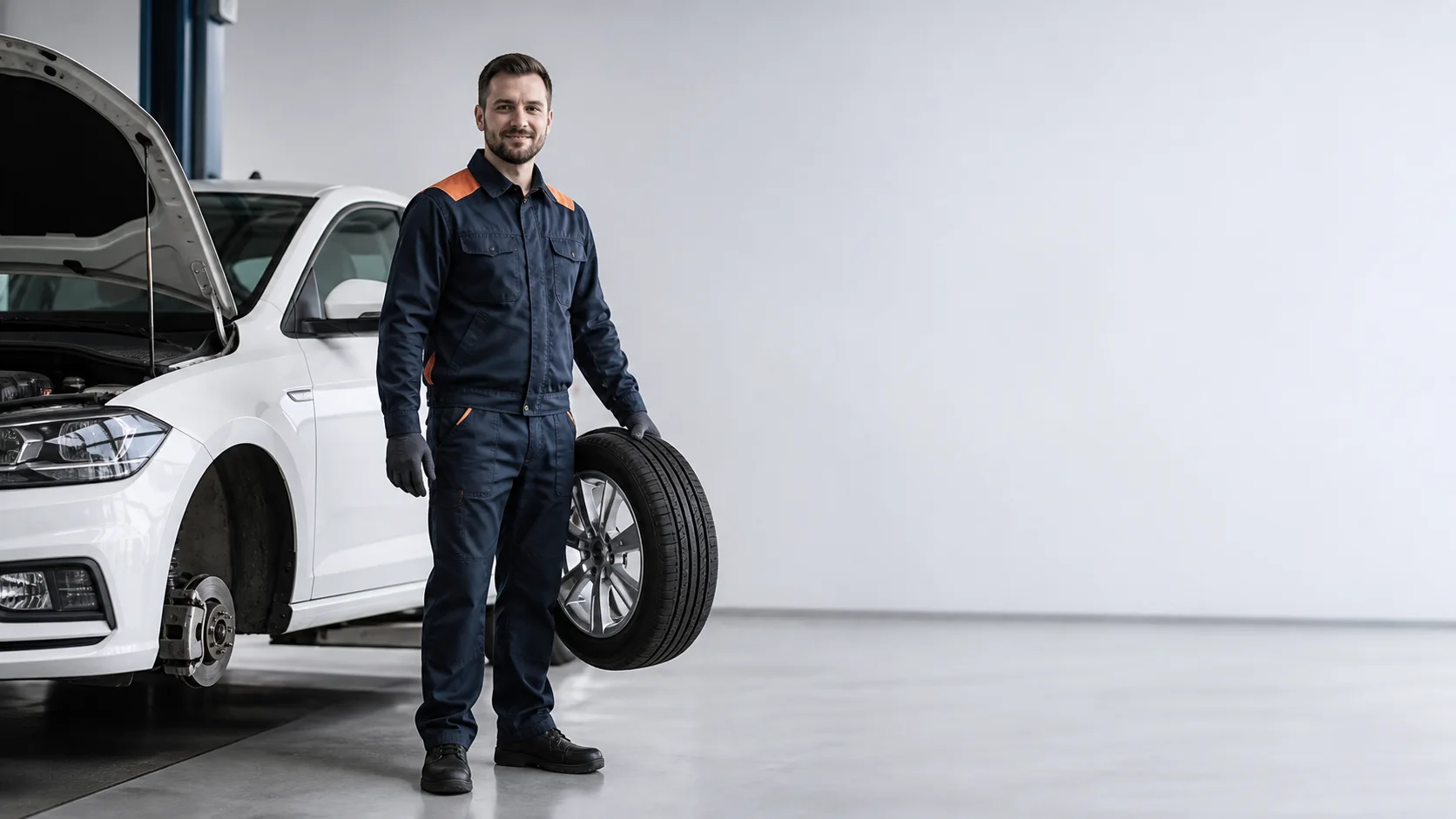 Ilustračný záber mechanika pri bielom aute pripravenom na servis