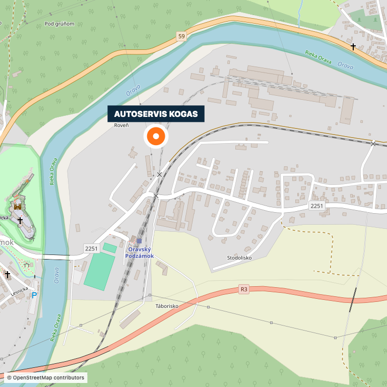Mapa s vyznačenou polohou Autoservisu Kogas v Oravskom Podzámku